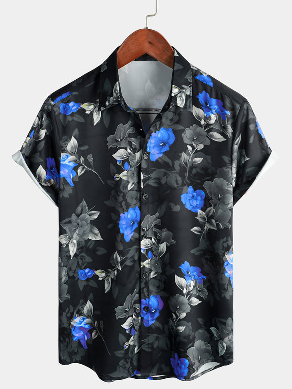 Men's Summer Casual Shirt With Blue Floral Pattern, Short Sleeve, For Vacation, Cool Beach Shirt
