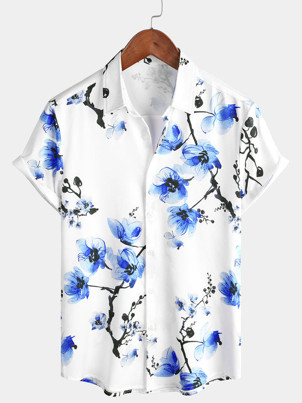 Casual Blue Summer Floral Print Shirt With Short Sleeves And Cherry Blossom Print
