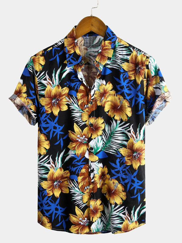 Men's Short-Sleeved Cotton Shirt With Tropical Hawaiian Floral Print