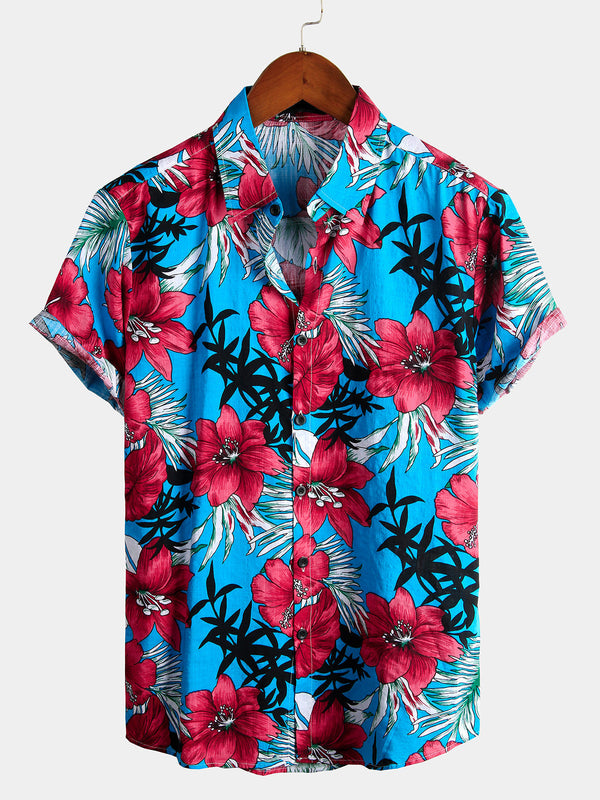 Men's Shirt Made Of Blue Tropical Hawaiian Cotton With Floral Pattern