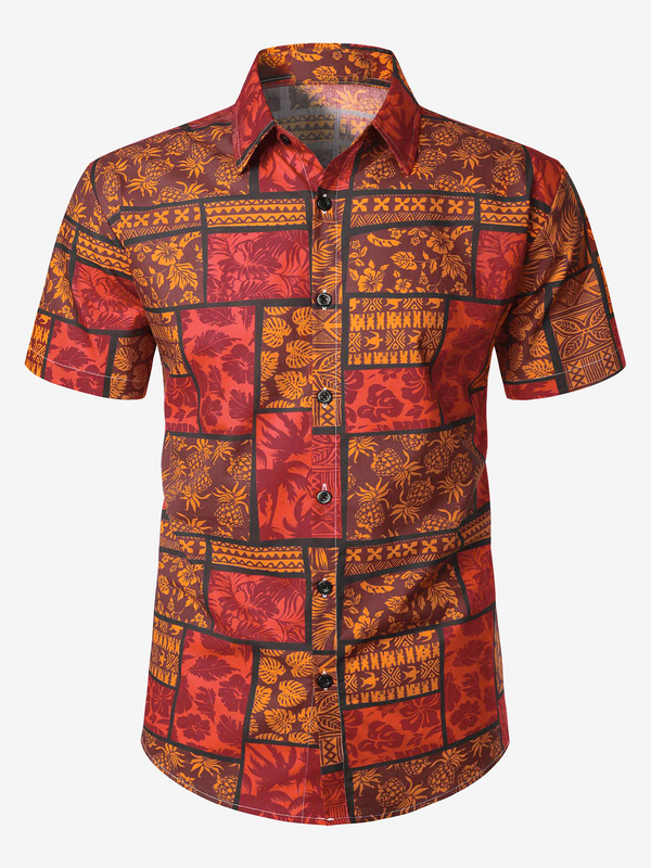 Men's Tropical Vintage Hawaiian Short Sleeve Cotton Shirt With Pineapple And Floral Print