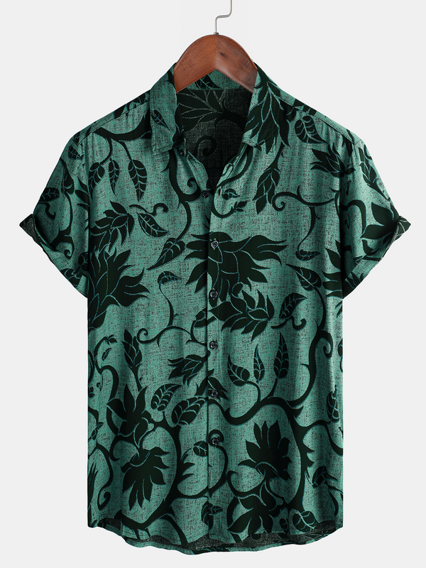 Men's Green Floral Print Holiday Casual Summer Short Sleeve Button Down Shirt