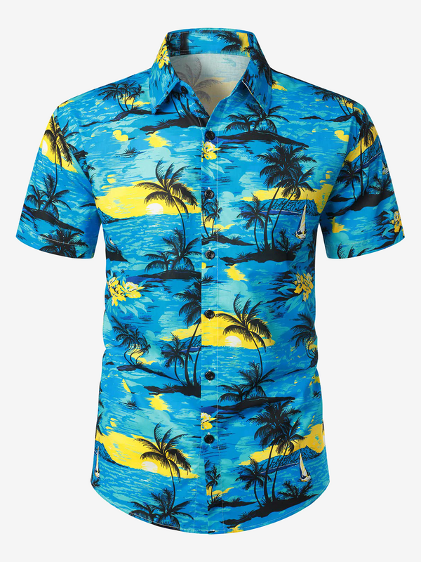 Men's Blue Hawaiian Cruise Tropical Island Vacation Summer Short Sleeve Cotton Shirt