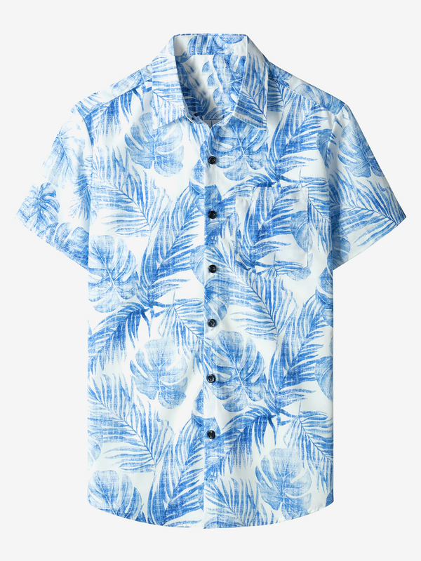 Men's Blue Hawaiian Shirt With Casual Pockets, Tropical Plant Print, Vacation Button Down, Short Sleeve