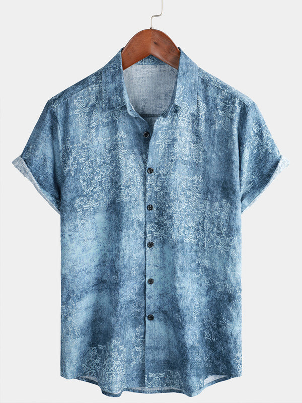 Men's Vintage-Style Light Blue Cotton Shirt With Short Sleeves And Buttons