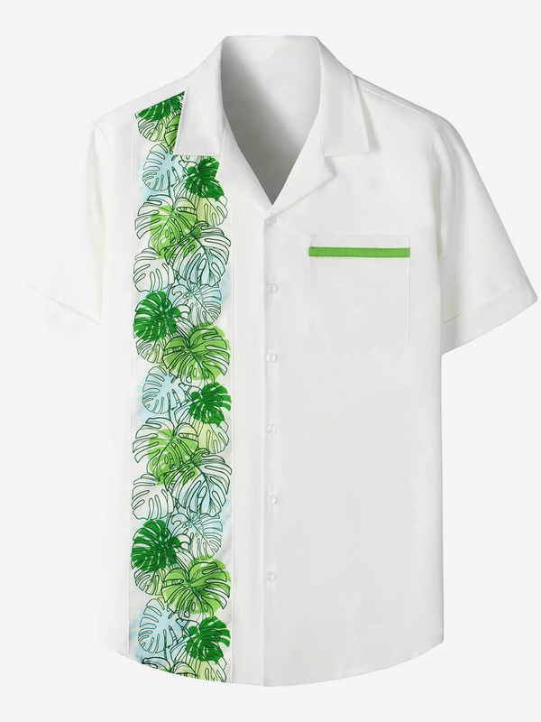 Men's Tropical Camp 50S Retro Bowling Button Up White Short Sleeve Shirt