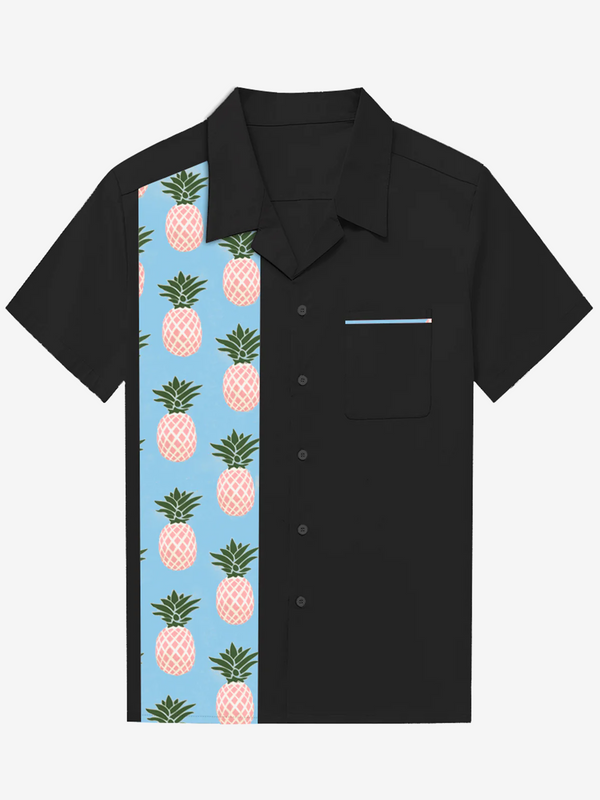 Men's Summer Vintage Cotton Bowling Pineapple Fruit Pocket Short Sleeve Shirt