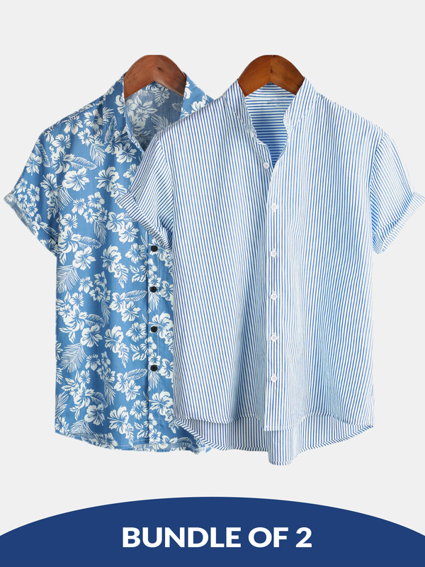 Bundle Of 2 | Men's Blue Short-Sleeved Button-Down Cotton Shirt