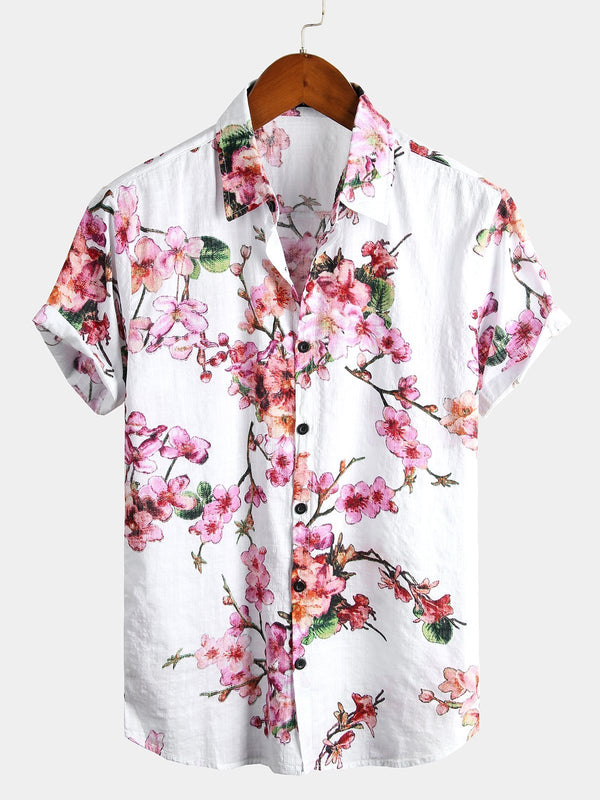 Men's Tropical Floral Cotton Hawaiian Short-Sleeved Shirt
