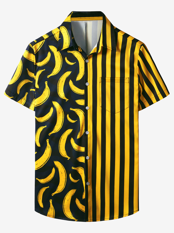 Men's Banana Yellow Striped Shirt With Pockets, Tropical Fruits, Summer Vacation, Casual, Short Sleeve