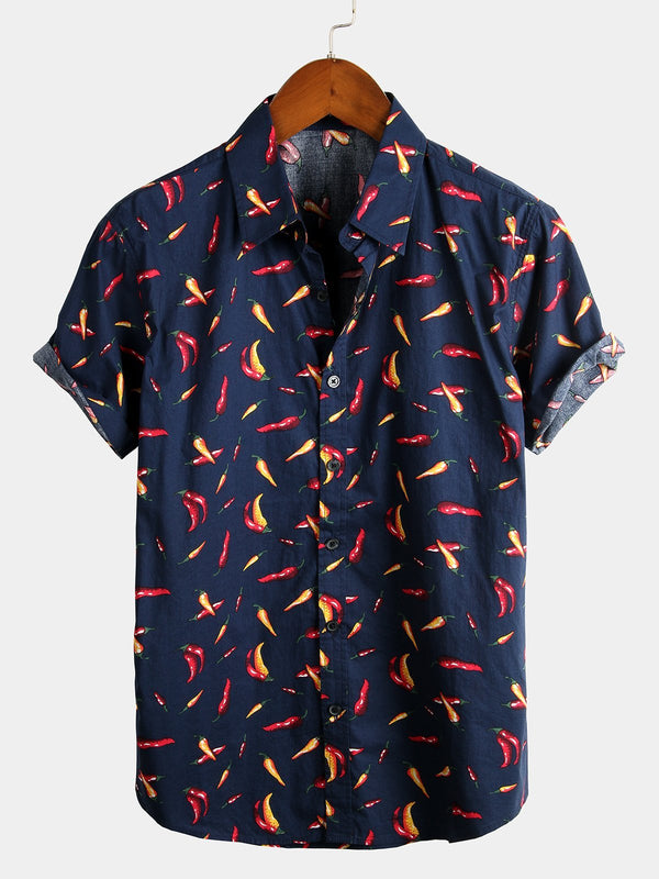 Men's Tropical Hawaiian Cotton Shirt With Pepper Print