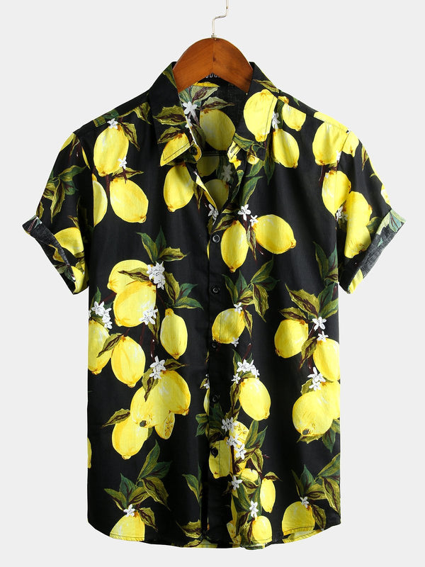Men's Hawaiian Short-Sleeved Shirt With Tropical Yellow Lemon Pattern
