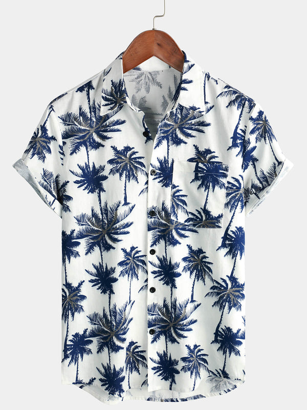 Men's Short-Sleeved White Cotton And Linen Shirt With Hawaiian Palm Tree Pattern For Beach Holidays And Summer