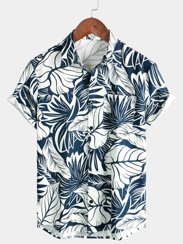 Men's Hawaiian Shirt With Tropical Plant Print And Pocket Made Of Cotton Linen With Short Sleeves