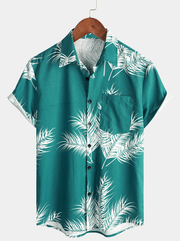 Men's Beach Vacation Hawaiian Short Sleeve Cotton Linen Shirt With Tropical Plant Print And Pocket