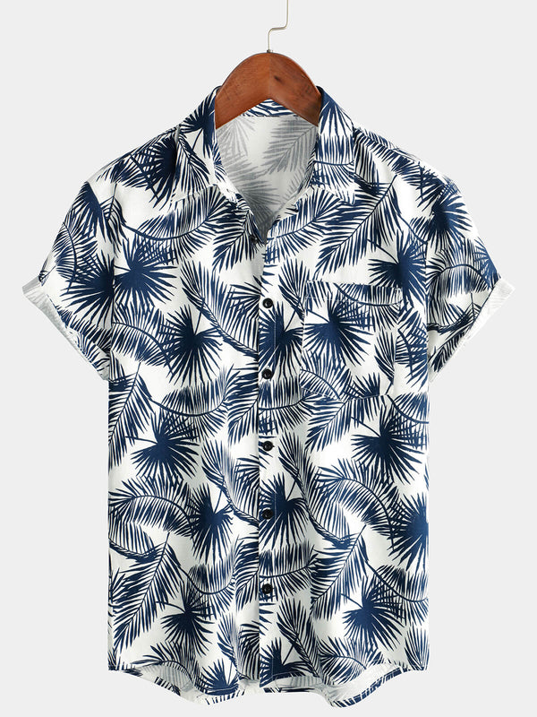 Men's Summer Shirt Made Of Cotton And Linen With Hawaiian Tropical Plant Print And Pocket, Short Sleeves