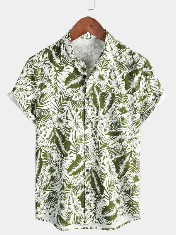 Men's Summer Short-Sleeved Shirt With Tropical Floral Print And Beach Bag Made Of Cotton And Linen