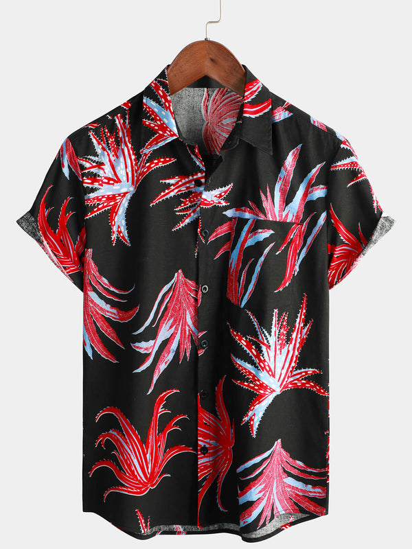 Men's Hawaiian Shirt With Tropical Plant Print, Summer Vacation, Beach, Short Sleeve