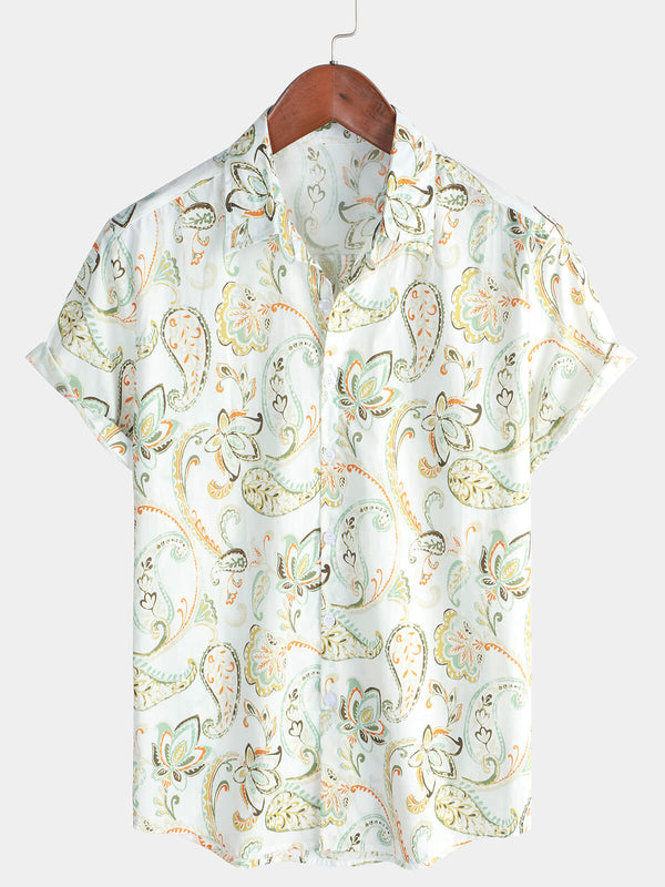 Men's Short-Sleeved White Hawaiian Cotton Button-Down Shirt For Vacation And Summer, Paisley Floral Pattern