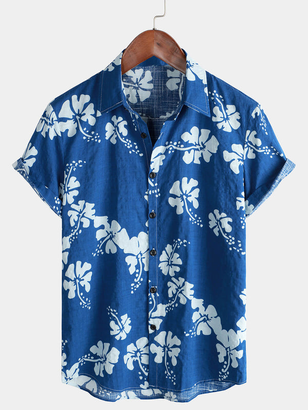 Men's Blue Floral Short Sleeve Tropical Hawaiian Beach Button Down Shirt