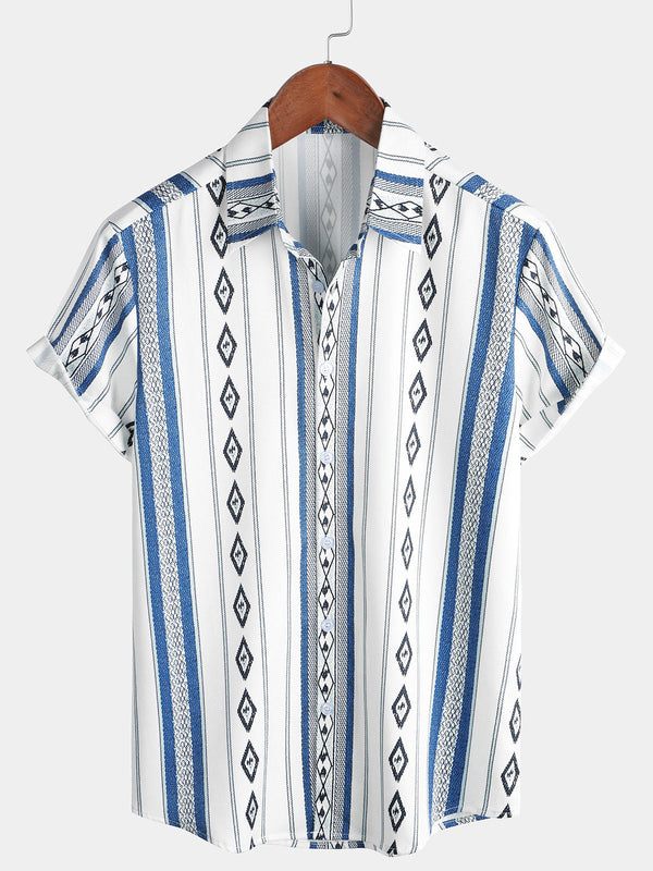 Men's Casual Blue And White Striped Vintage 70S Retro Style Short Sleeve Aztec Print Button Down Shirt