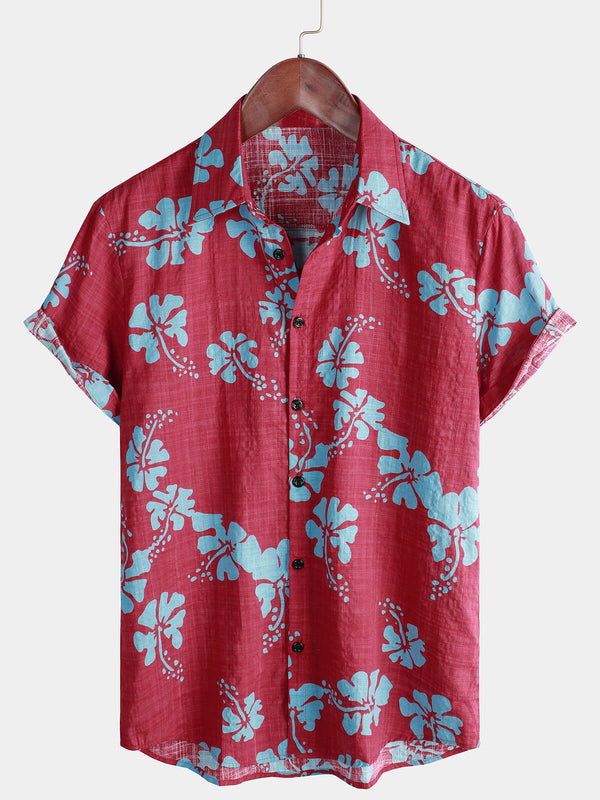 Men's Hawaiian Shirt With Short Sleeves, Red Floral Print And Buttons For The Beach In Tropical Style