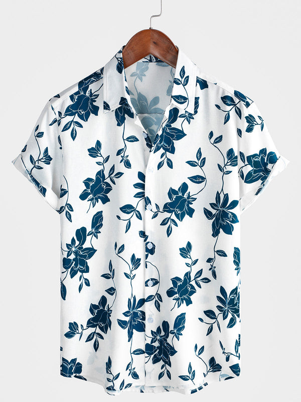 Men's Blue Floral Summer Holiday Short Sleeve Button-Up Shirt