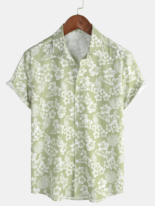 Hawaiian Green Vacation Cotton Summer Floral Button Down Short Sleeve Shirt For Men