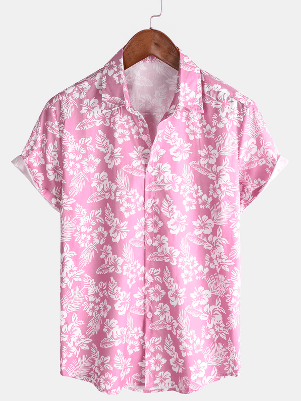 Men's Summer Short-Sleeved Shirt In Pink Cotton With Hawaiian Floral Pattern And Buttons