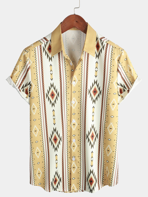 Men's Vintage Style Vertical Striped Short Sleeve 70S Retro Aztec Print Button Down Shirt