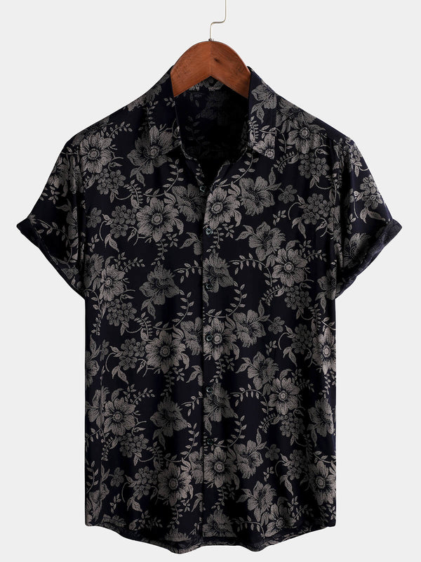 Men's Vintage Floral Print Holiday Breathable Button Down Shirt Navy Blue Short Sleeve