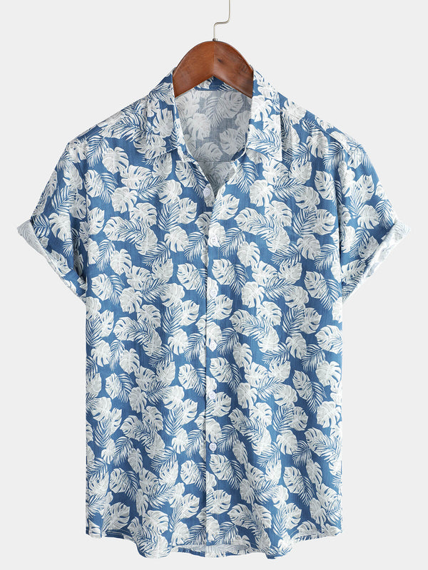 Summer Blue Hawaiian Short Sleeve Tropical Print Shirt For Men With Buttons