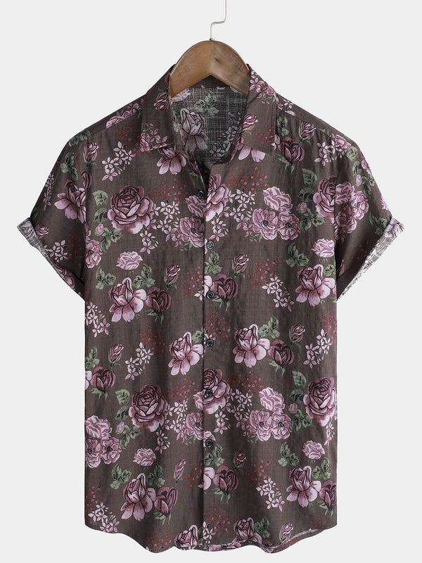 Men's Vintage Floral Button Up Purple Holiday Short Sleeve Shirt