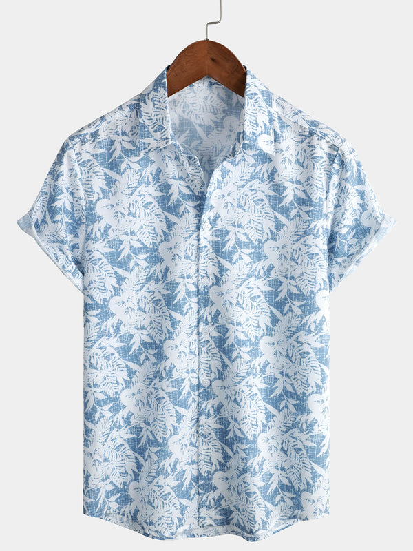 Men's Blue Cotton Hawaiian Shirt With Vintage Floral Print, Short Sleeves And Buttons