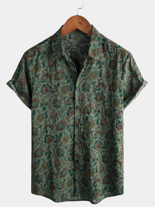 Men's Retro 70S Style Paisley Shirt Green Button Down Vintage Short Sleeve