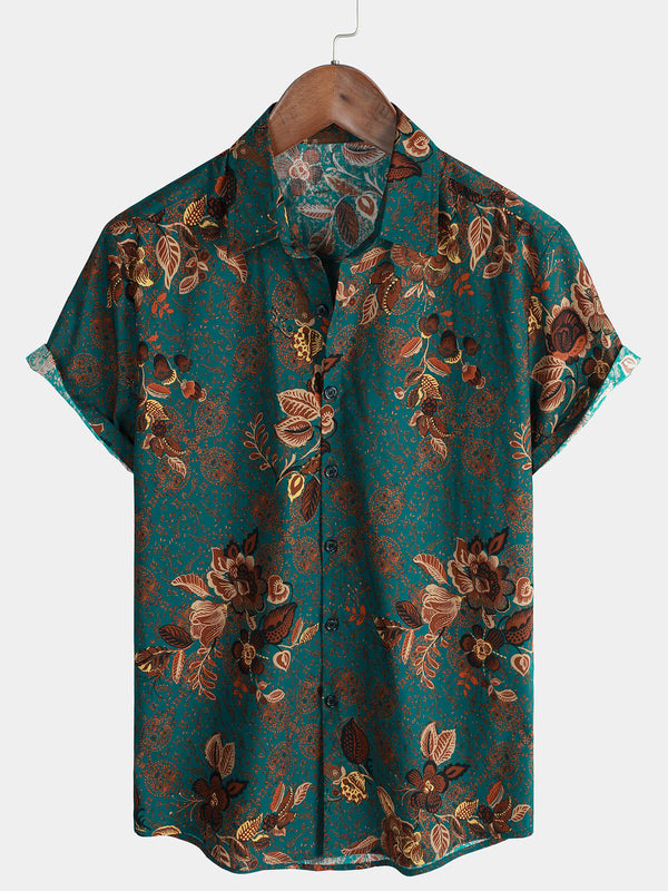 Men's Vintage Holiday Cotton Green Hawaiian Floral Short Sleeve Button Down Shirt