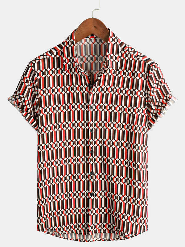 Men's Casual Geometric Retro Button-Up Shirt, Cool Short Sleeve Summer Shirt