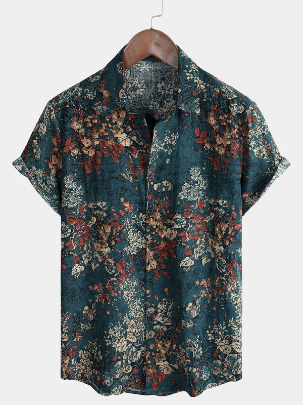 Men's Vintage Holiday Retro Style Short Sleeve Button-Down Shirt In Cotton With Floral Print
