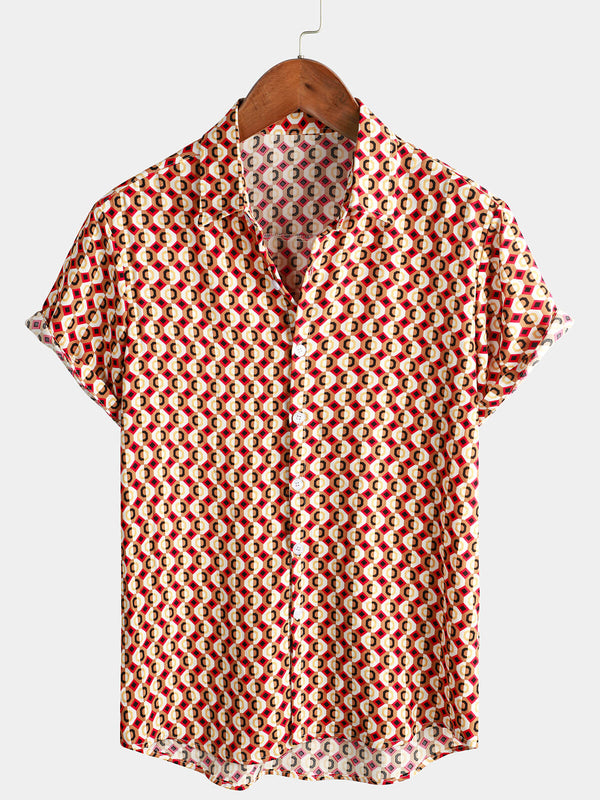 Men's Summer Short Sleeve Shirt Retro Geometric 70S Disco Party Button-Up