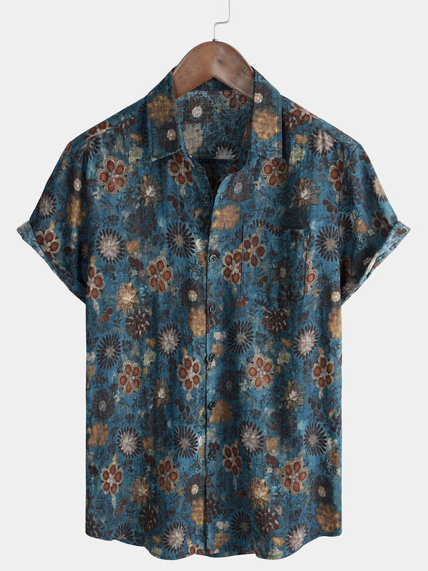 Casual Short-Sleeved Men's Shirt With Vintage Floral Print In Blue