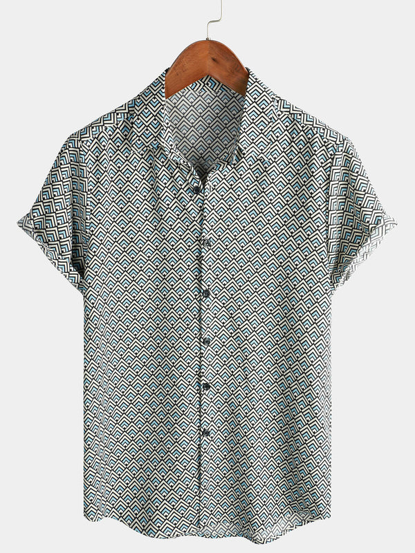Men's Casual Vintage Geometric Pattern Button Down Holiday Summer Retro Short Sleeve Shirt