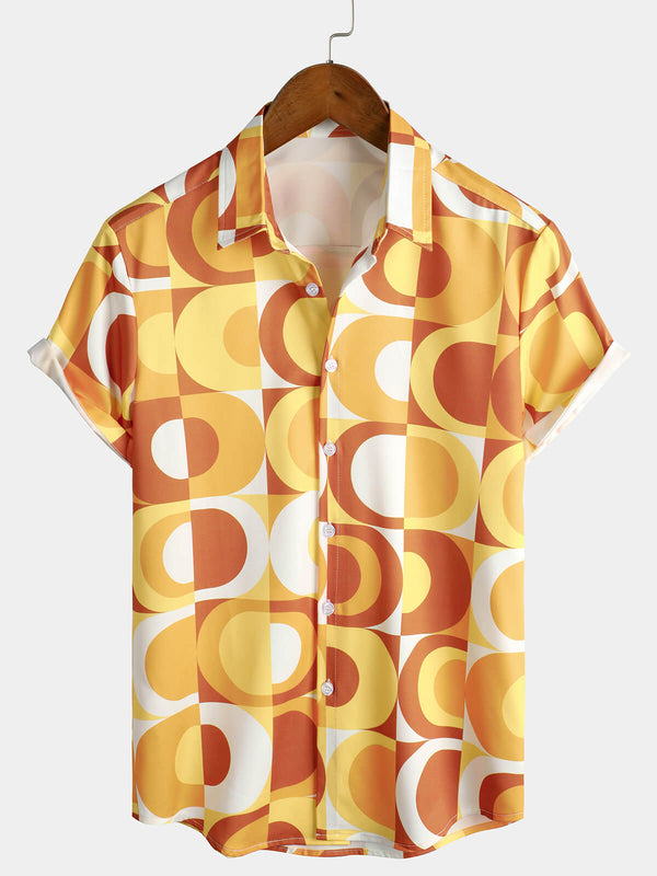 Men's Summer Retro Button Up Vintage Orange 70S Geometric Summer Beach Cool Short Sleeve Shirt