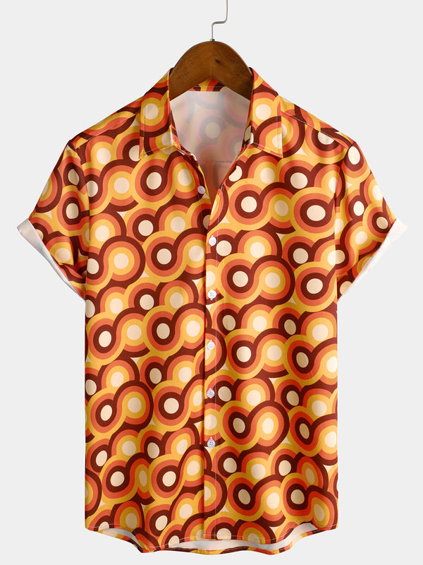Men's Orange 70S Retro Button Up Vintage Geometric Circle Summer Beach Short Sleeve Shirt