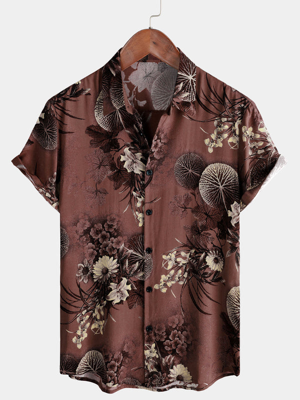 Men's Casual Beach Short Sleeve Rayon Shirt With Vintage Floral Print