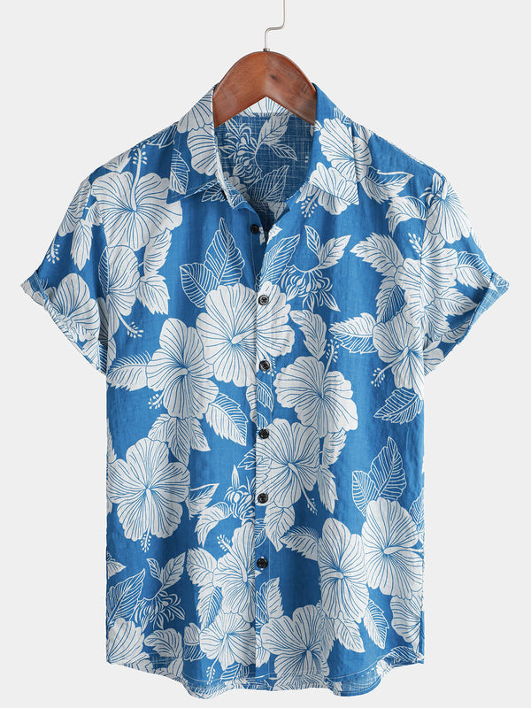 Men's Short Sleeve Button Down Hawaiian Shirt With Holiday Floral Print