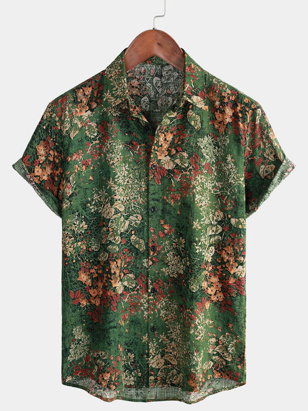 Men's Vintage Holiday Retro Cotton Green Button Up Short Sleeve Shirt