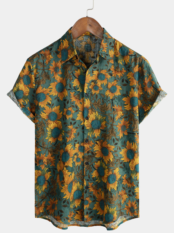 Men's Breathable Cotton Short-Sleeved Summer Shirt In Retro Sunflower Style