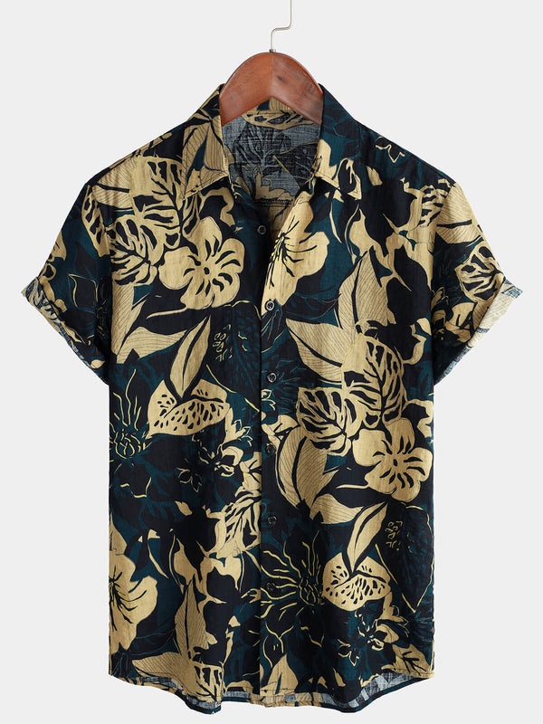 Men's Vintage Floral Leaf Print Pocket Summer Short Sleeve Lapel Shirt