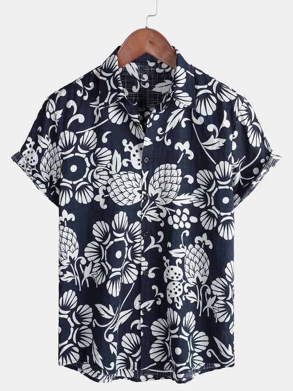 Men's Hawaiian Summer Cotton Shirt With Button Placket And Short Sleeves