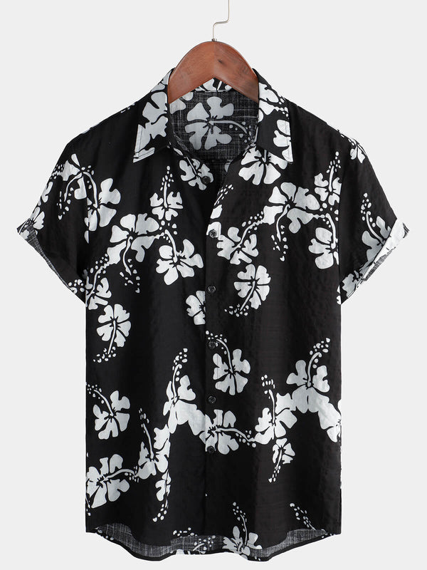 Men's Floral Print Short Sleeve Button Down Hawaiian Beach Shirt With Tropical Pattern